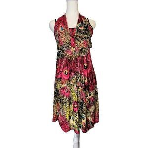 Feather Print Short Dress Juniors Large Halter Neck Silk Blend Maximalist